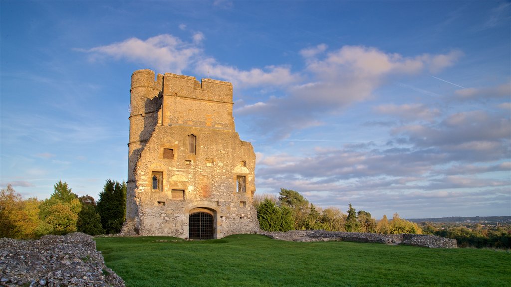 Donnington Castle que incluye un atardecer, una ruina y vista panorámica