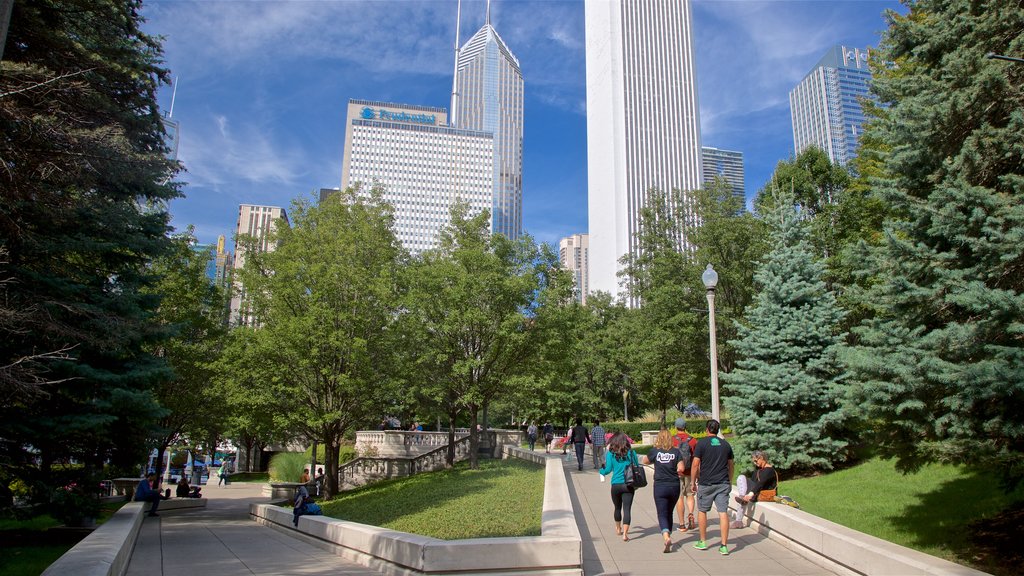 Millennium Park showing a park as well as a small group of people