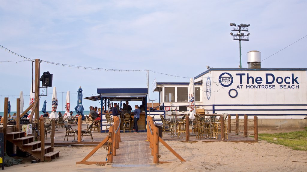 Montrose Beach showing a beach bar, a sandy beach and signage