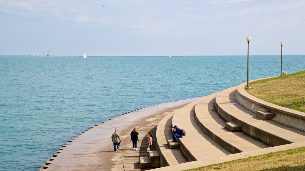 Northerly Island Park caracterizando paisagens litorâneas assim como um pequeno grupo de pessoas