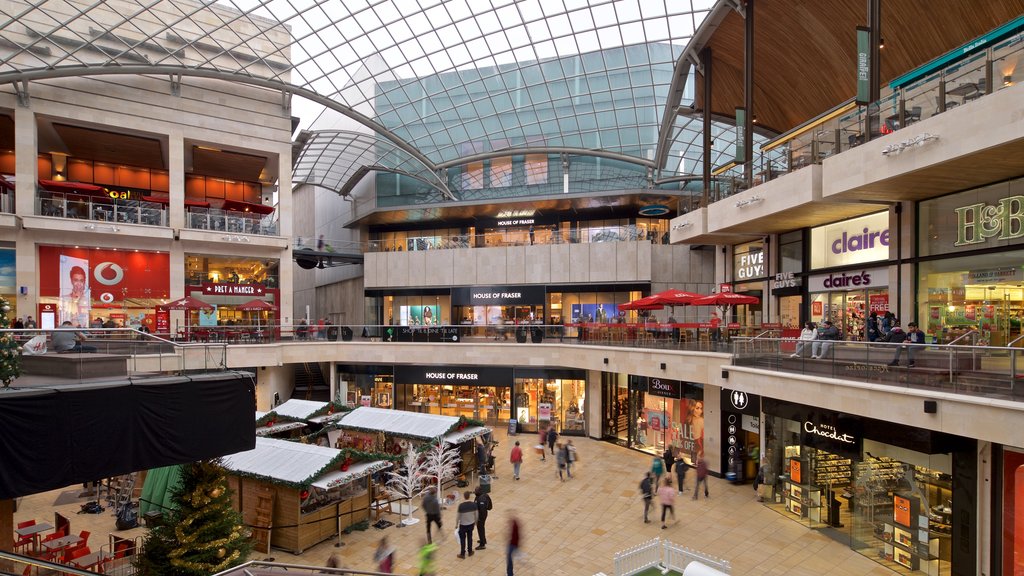 Centro comercial Cabot Circus mostrando vistas interiores y compras