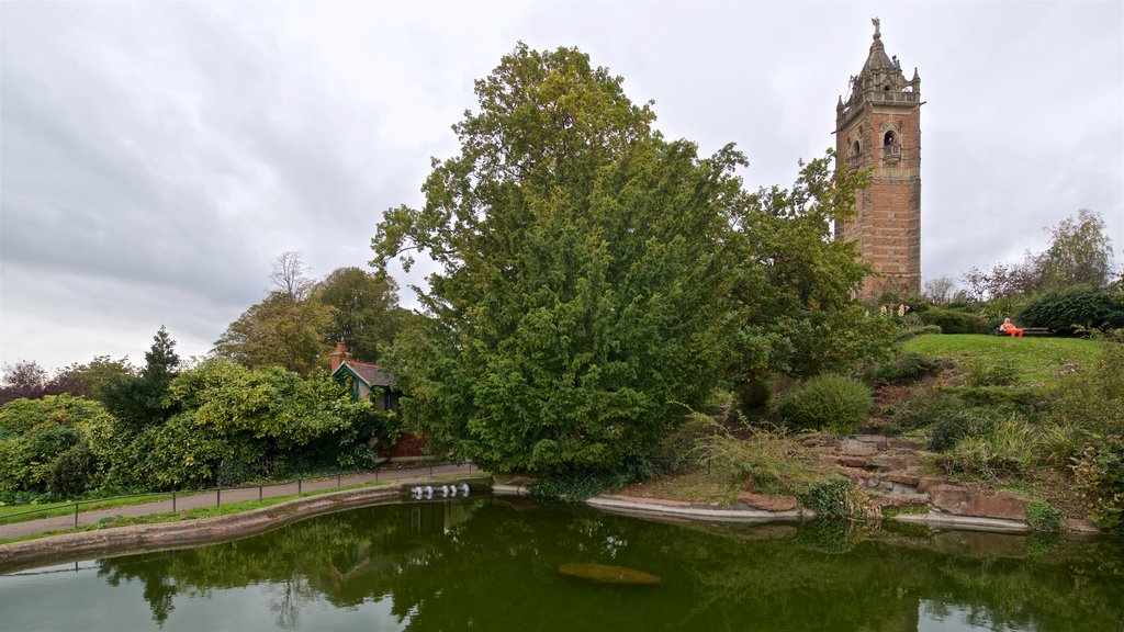 Cabot Tower which includes heritage elements and a pond