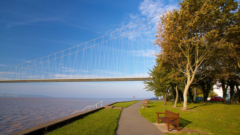 Humber Bridge showing a river or creek, a bridge and a garden