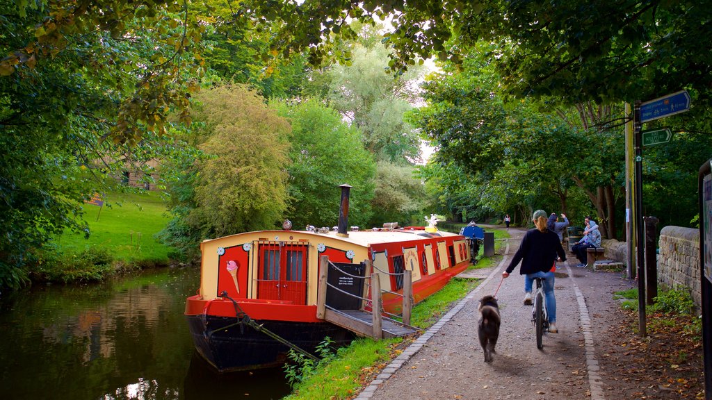 Salts Mill which includes cuddly or friendly animals, a river or creek and cycling