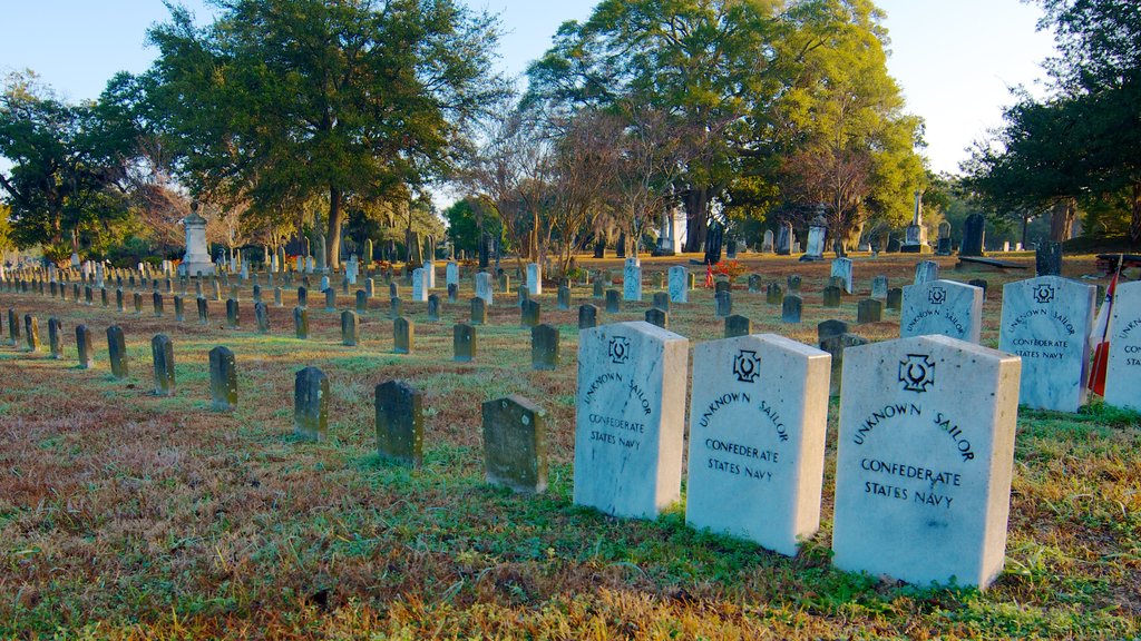 Magnolia Cemetery featuring signage, a cemetery and religious aspects