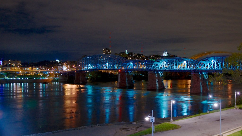 Newport on the Levee showing night scenes, a bridge and a bay or harbor