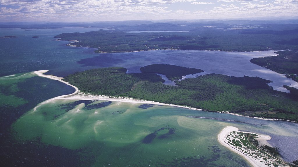 Nelson Bay which includes a bay or harbor and landscape views