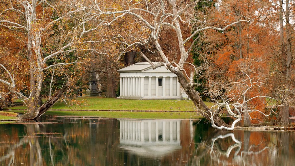 Spring Grove Cemetery ofreciendo un cementerio, un lago o abrevadero y un monumento