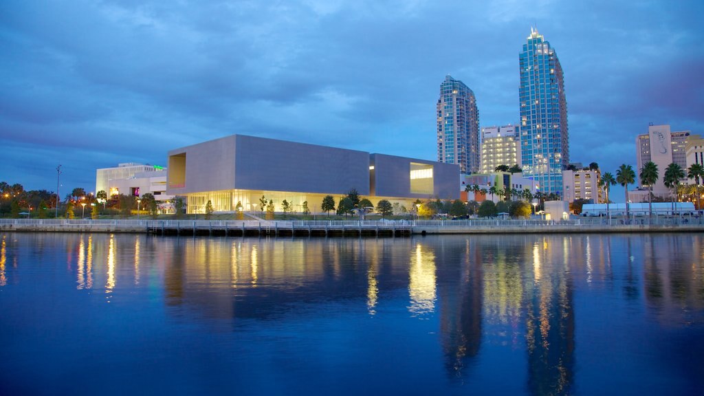 Tampa Museum of Art showing modern architecture, a bay or harbour and a high-rise building