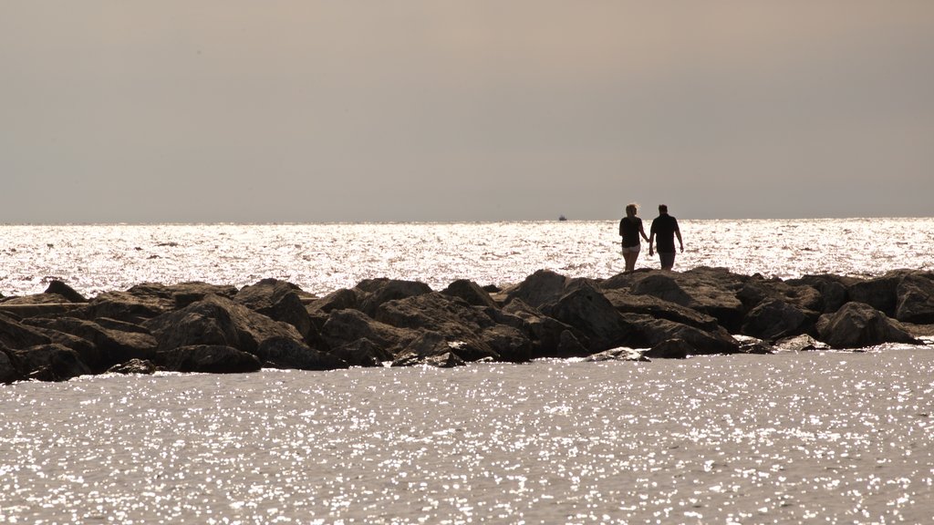 Pere Marquette Park Beach que inclui paisagens litorâneas e um pôr do sol assim como um casal