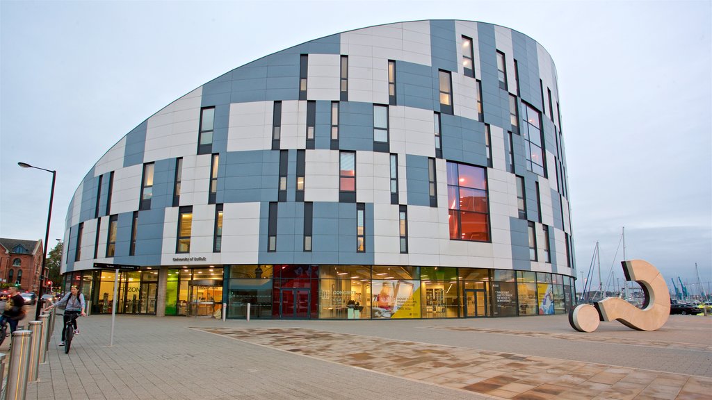 University Campus Suffolk which includes outdoor art and modern architecture