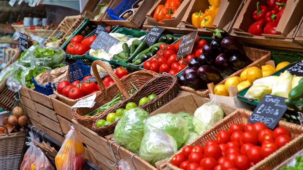 St. Helier Central Market showing markets and food