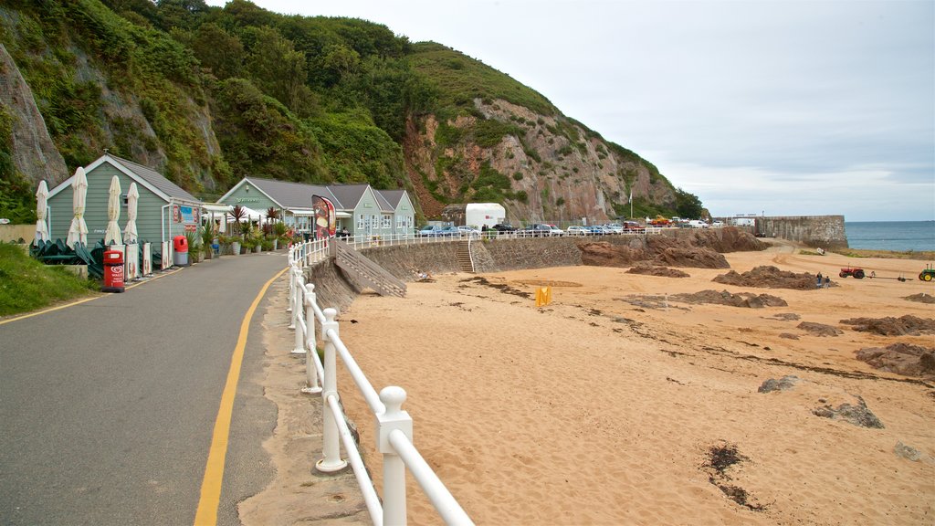 La Greve de Lecq showing general coastal views and a beach