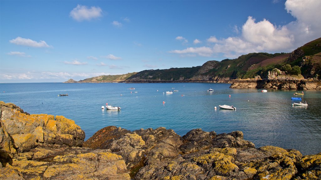 Bahía de Bouley que incluye vistas generales de la costa y costa escarpada