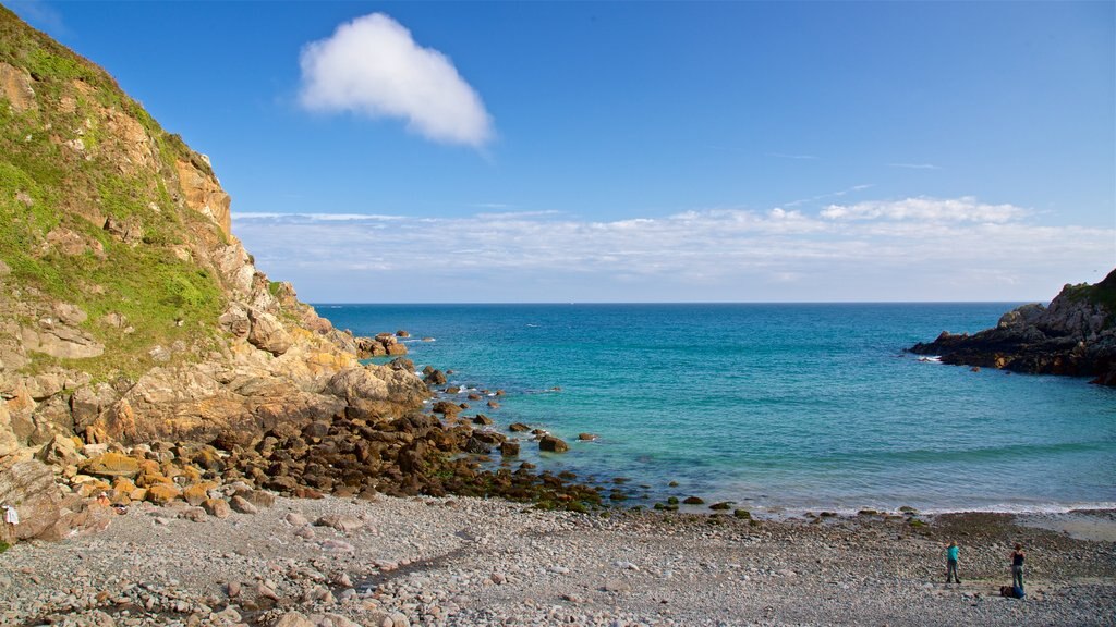 Bahía Petit Boy mostrando vista general a la costa y una playa de piedras y también una pareja