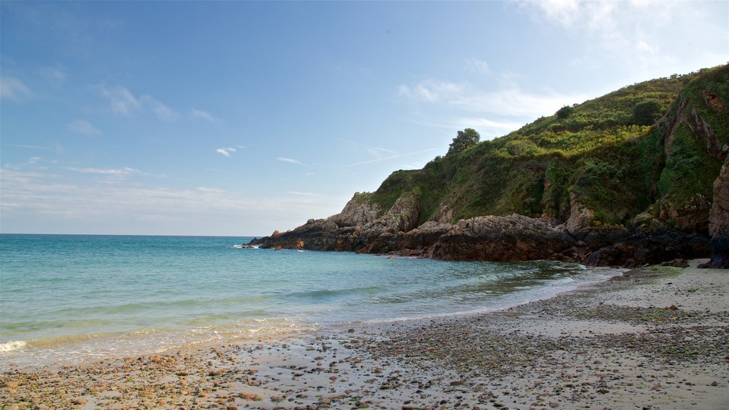 Bahía Petit Boy que incluye una playa de piedras, vista general a la costa y costa escarpada