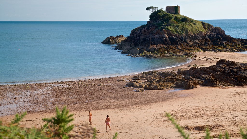 Jersey showing a sandy beach and general coastal views as well as a couple