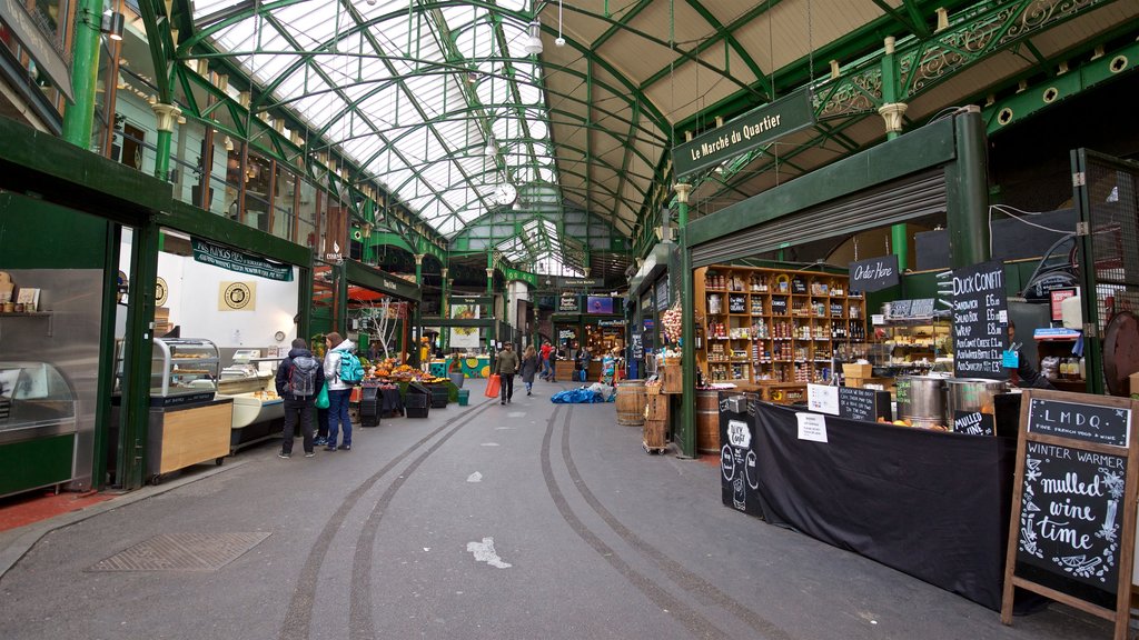 Borough Market johon kuuluu kyltit, markkinat ja katunäkymät