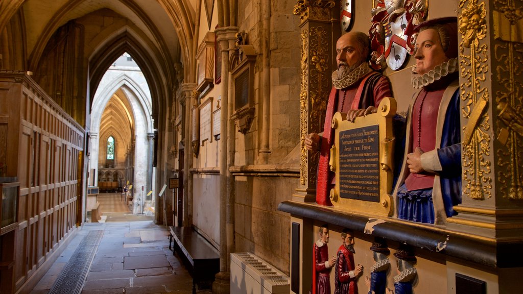 Southwark Cathedral showing signage, interior views and heritage elements