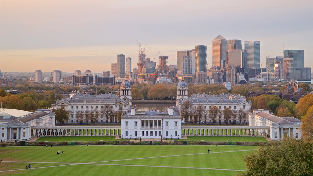 Greenwich Park showing a sunset, a garden and a city