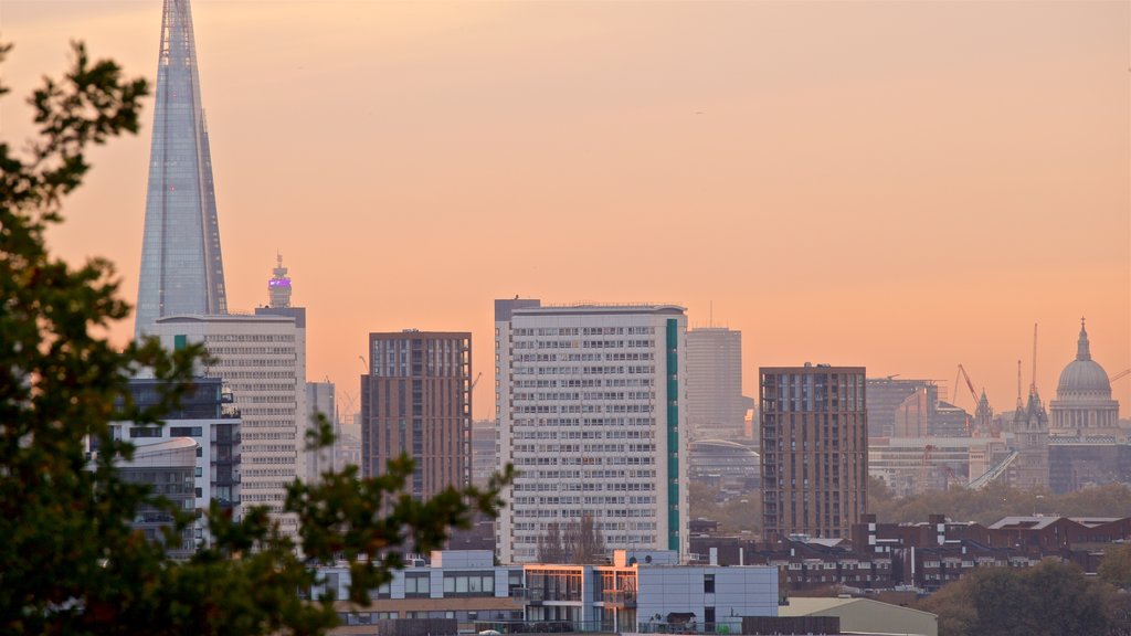 Greenwich Park showing a sunset, landscape views and a city