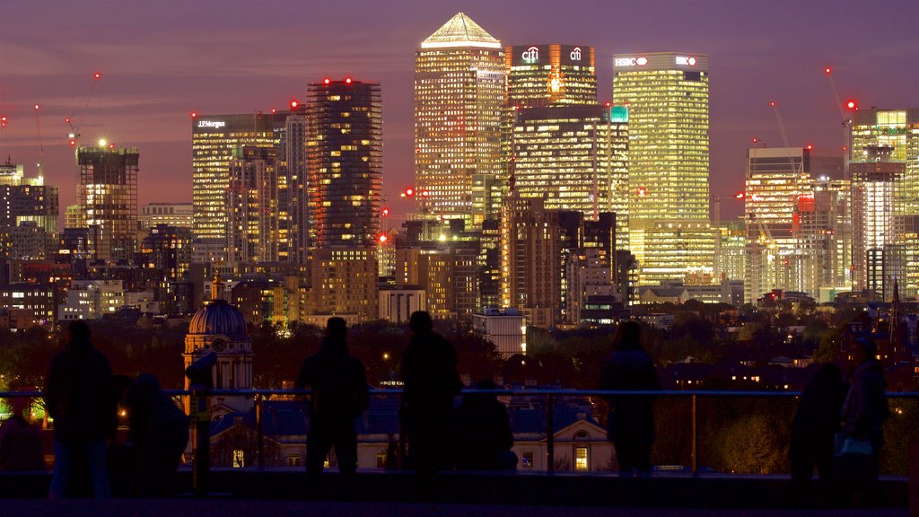 Greenwich Park showing night scenes, a city and a skyscraper