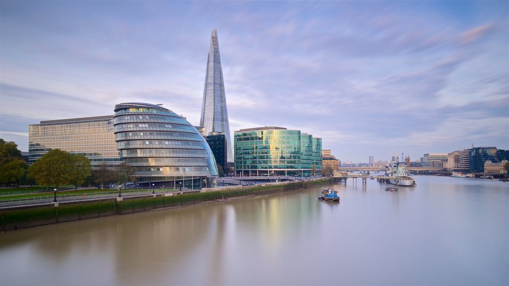 The Shard showing modern architecture, a river or creek and landscape views