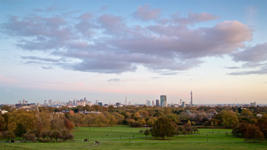 Primrose Hill qui includes un coucher de soleil, une ville et un jardin