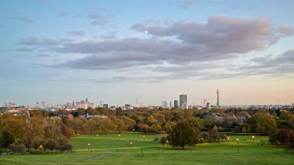 Primrose Hill showing a garden, a city and a sunset