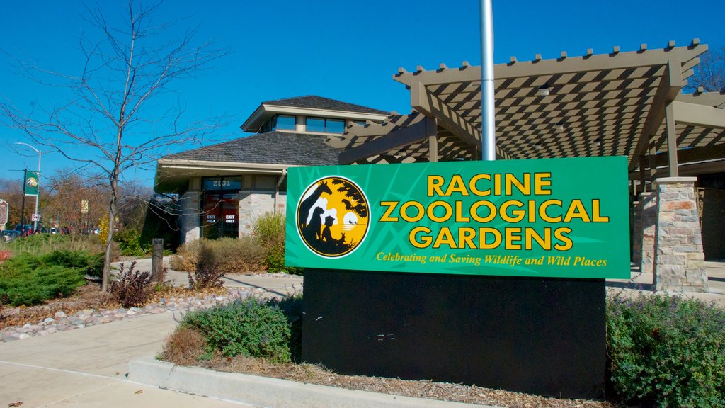 Racine Zoological Gardens showing zoo animals and signage