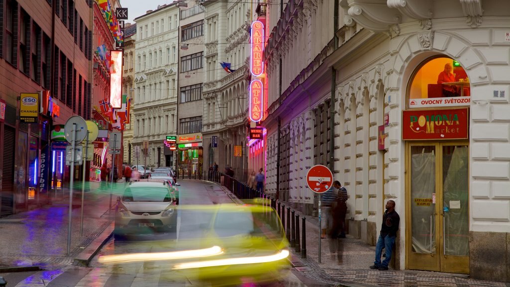 Wenceslas Square showing street scenes and a city