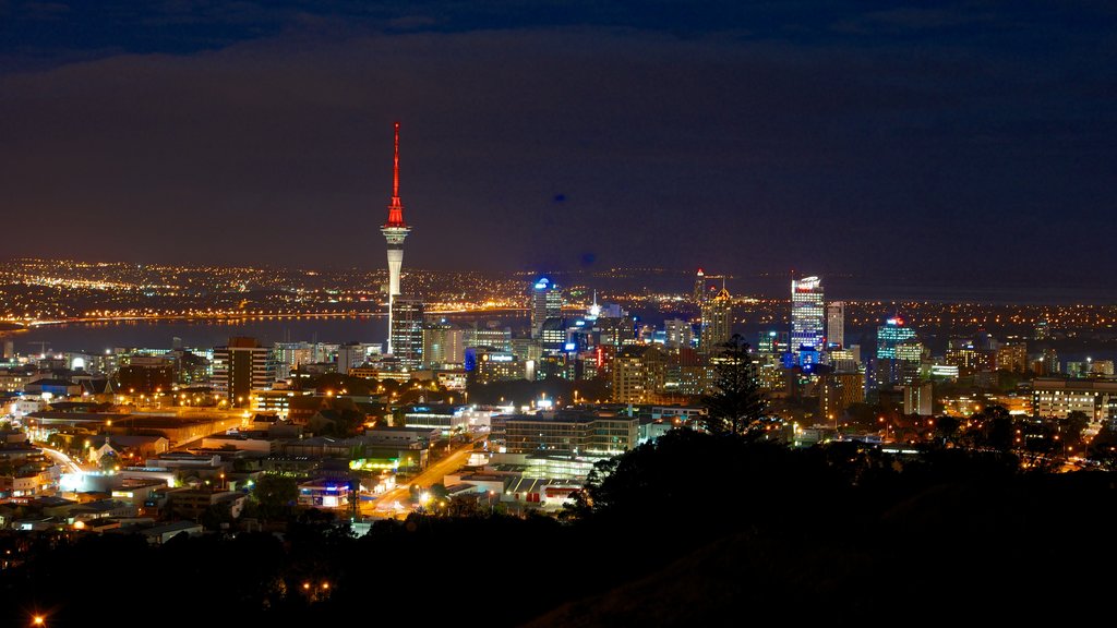 Mt. Eden mostrando un rascacielos, una ciudad y escenas nocturnas