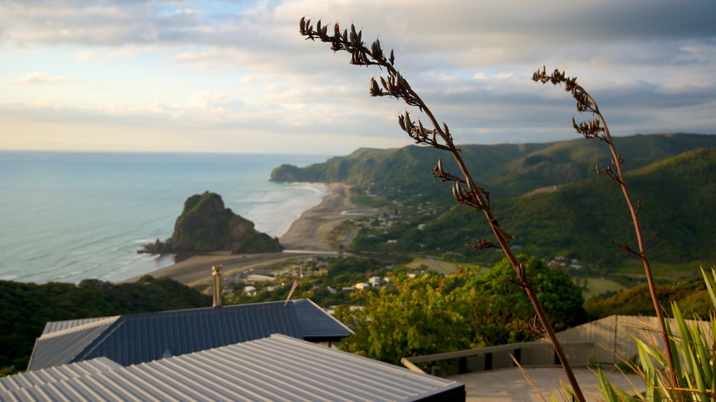 Piha Beach which includes landscape views, mountains and general coastal views