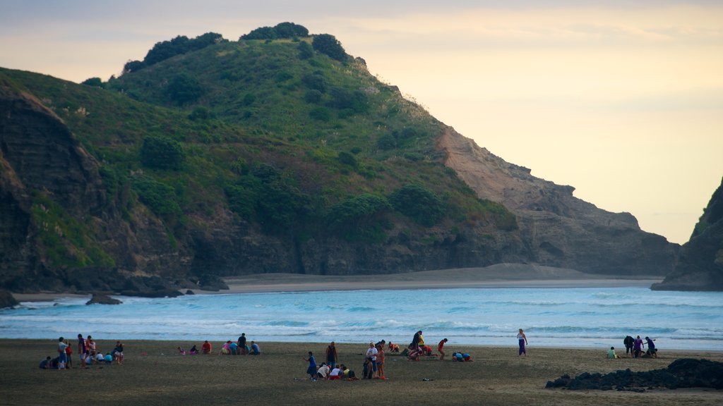 Piha Beach que inclui um pôr do sol, paisagem e uma praia