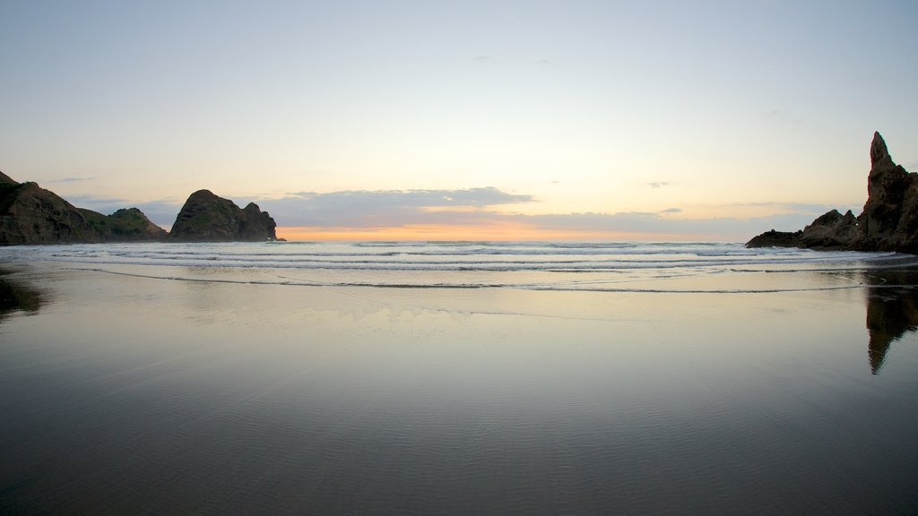 Piha Beach mostrando vista panorámica, un atardecer y vista general a la costa