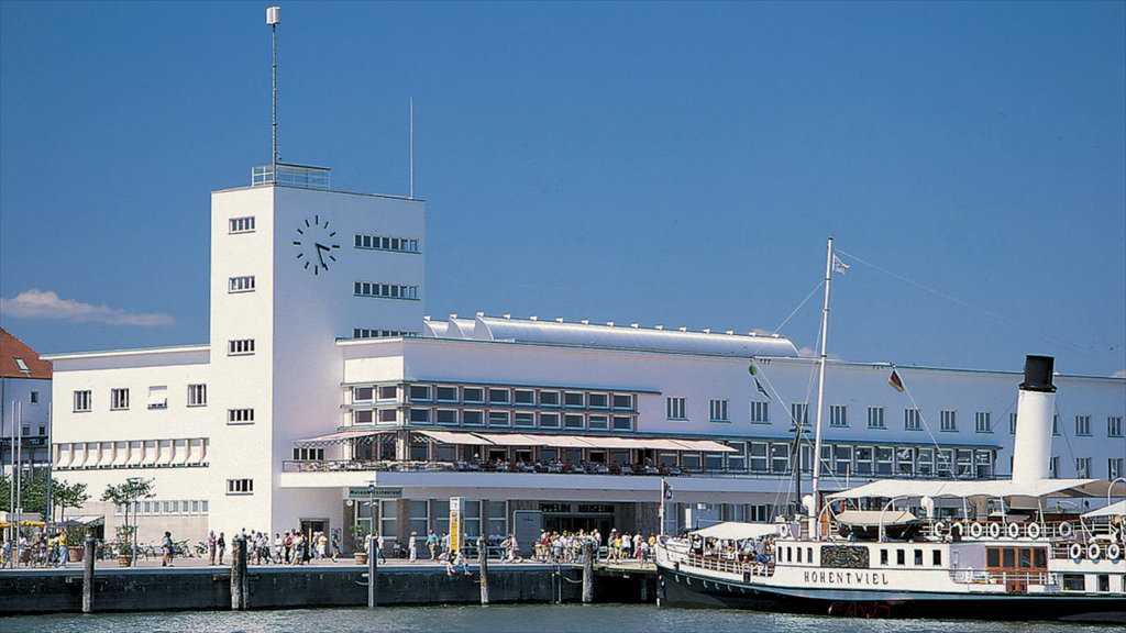 Friedrichshafen which includes a marina, street scenes and a ferry