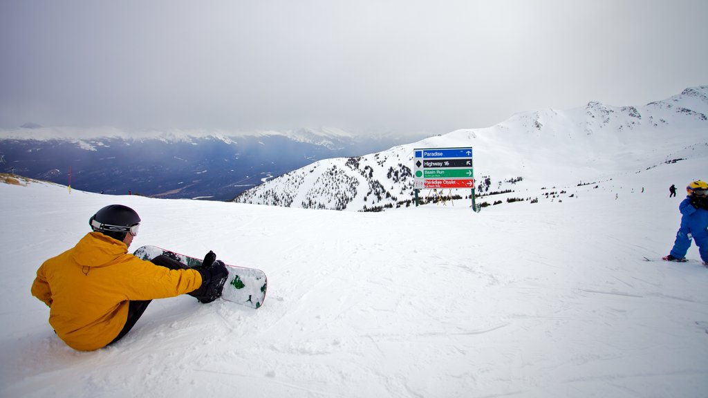 Marmot Basin mostrando montañas, vistas de paisajes y snowboard