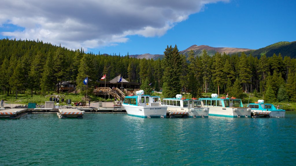 Maligne Lake que incluye un lago o abrevadero, una bahía o puerto y bosques