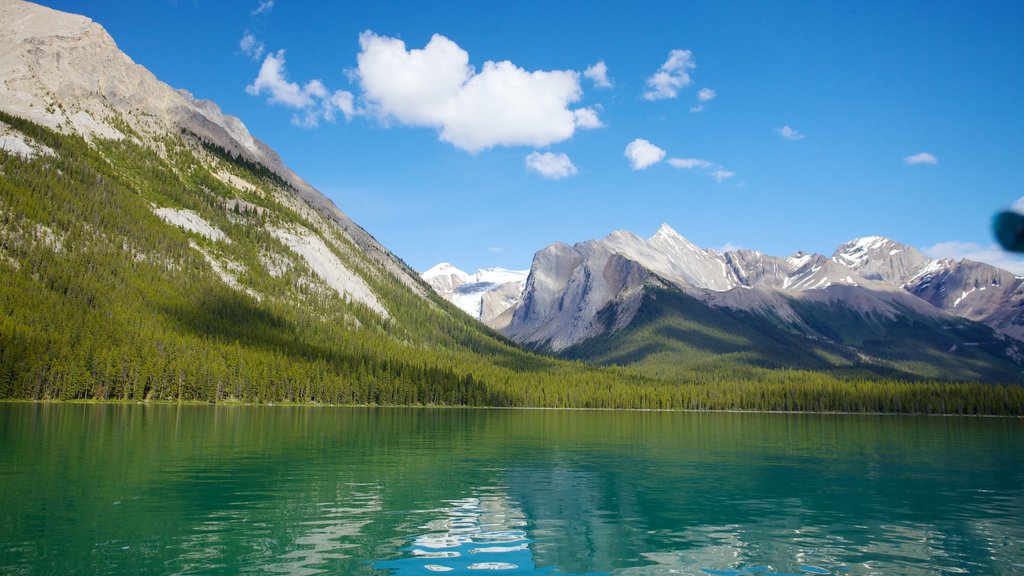 Maligne Lake que incluye un lago o abrevadero, vistas de paisajes y montañas