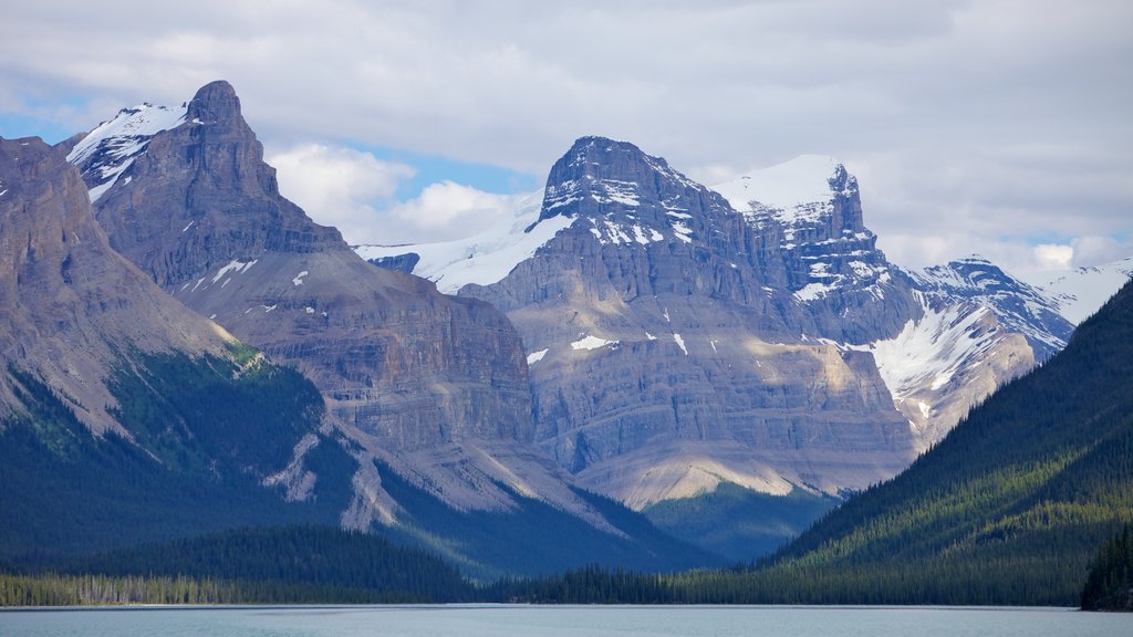 Maligne Lake og byder på sne, bjerge og en sø eller et vandhul