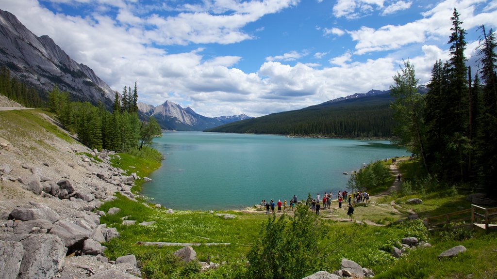 Medicine Lake showing mountains, a lake or waterhole and landscape views