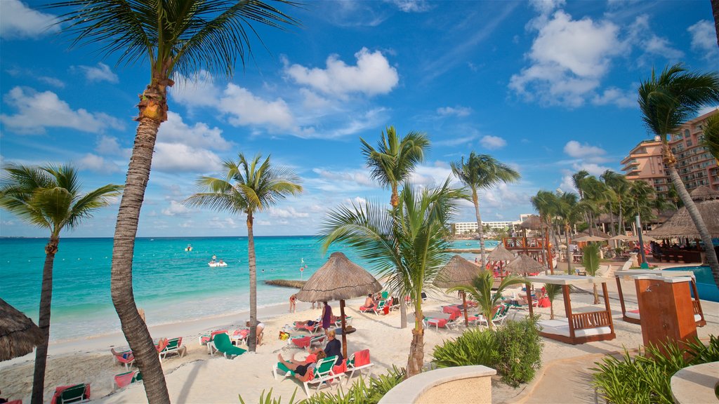 Cancún mostrando una playa de arena, vista general a la costa y escenas tropicales