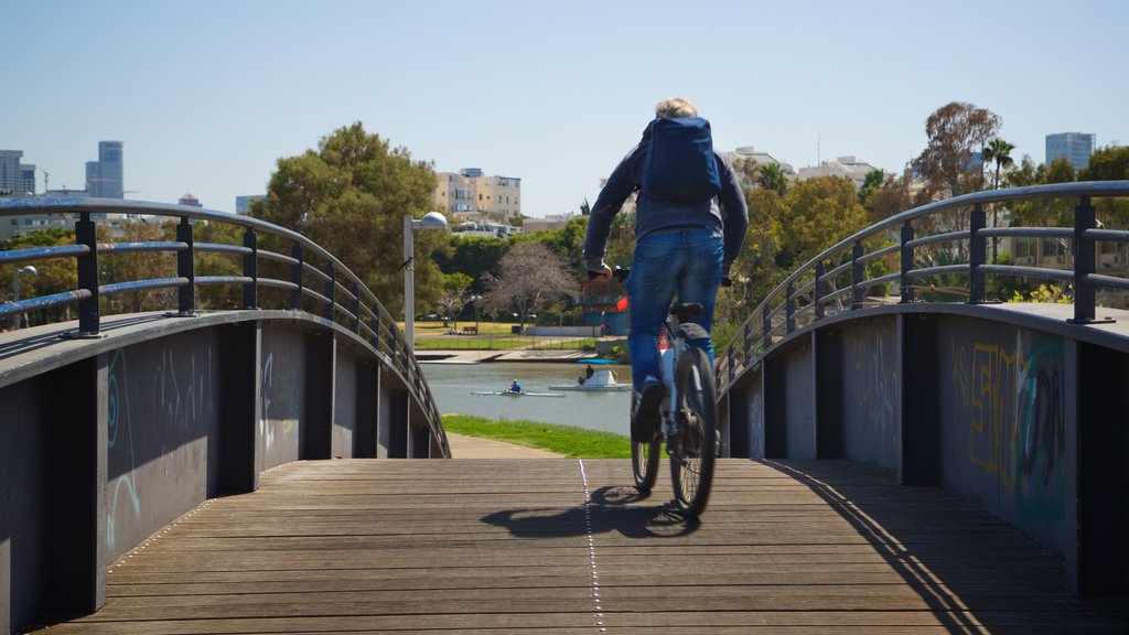 Parque Yarkon que incluye ciclismo y un puente