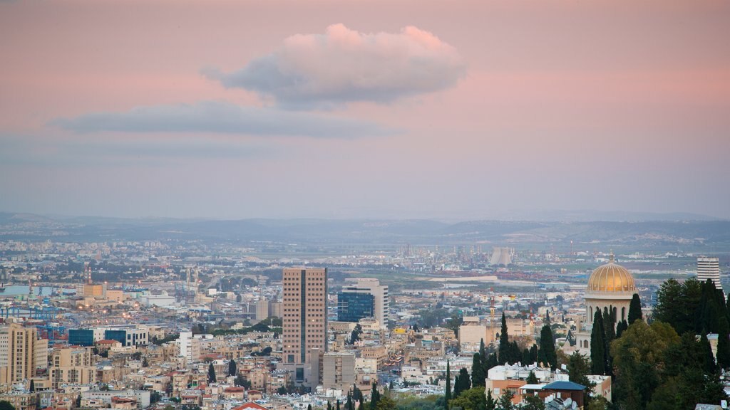 Jardín de esculturas mostrando vista panorámica, un atardecer y una ciudad