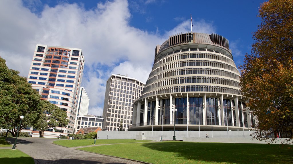 Beehive showing a city, modern architecture and a park