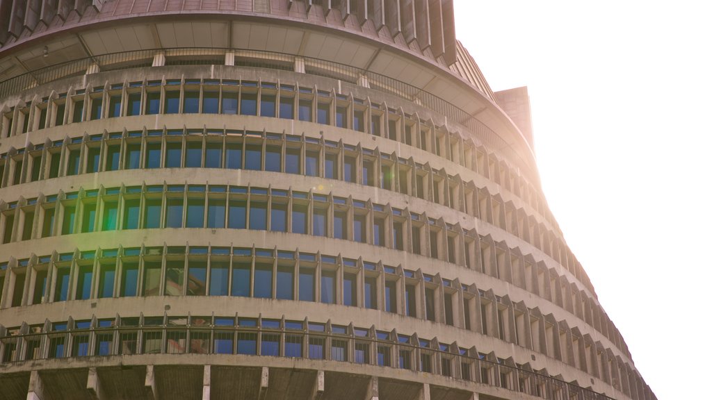 Beehive which includes modern architecture and a sunset