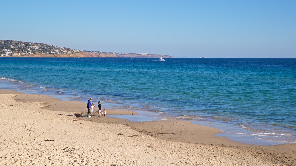 Playa Brighton ofreciendo vistas generales de la costa y una playa de arena y también una familia