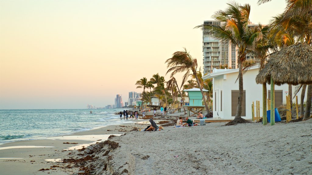 Dania Beach which includes a coastal town, a sunset and a sandy beach