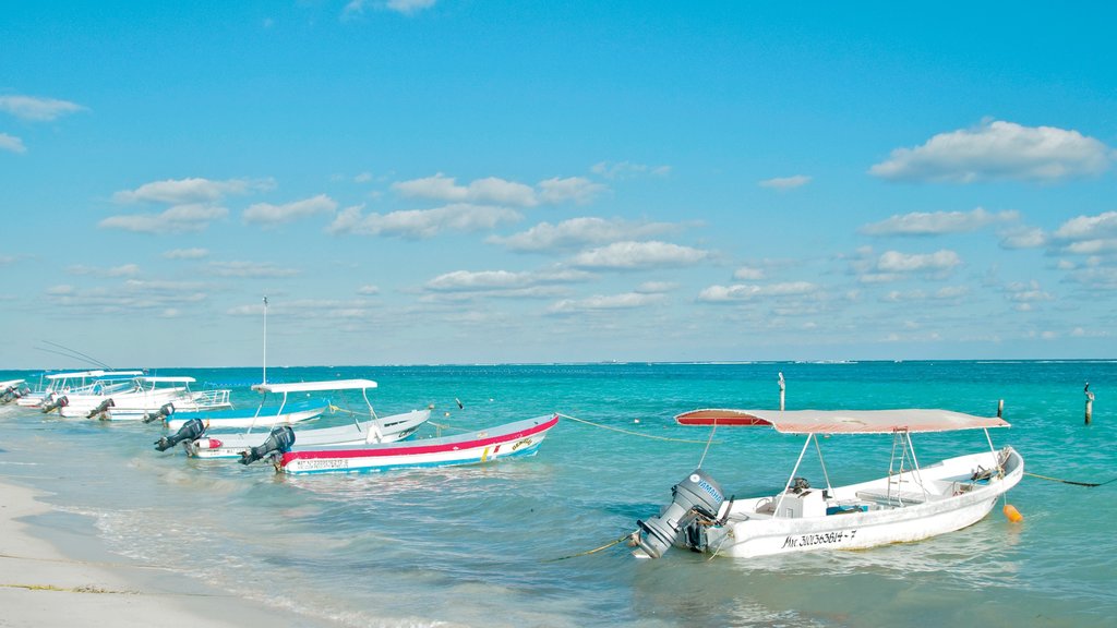 Puerto Morelos featuring a beach, a bay or harbour and boating