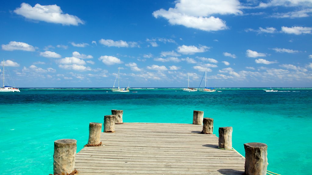 Puerto Morelos que incluye vistas de paisajes, una bahía o puerto y paseos en lancha